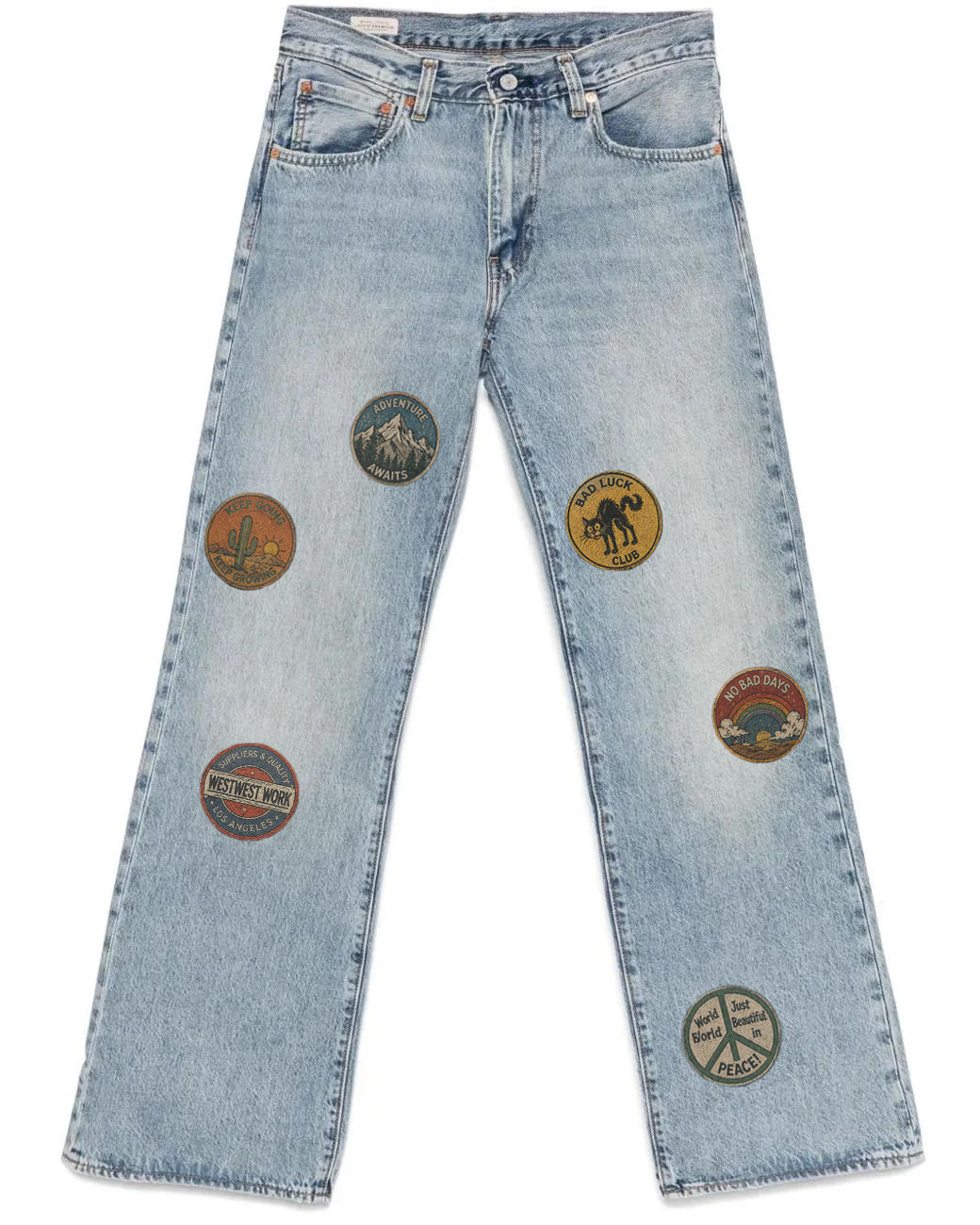 VINTAGE PRINT SELVEDGE JEAN front view with vintage printed graphics